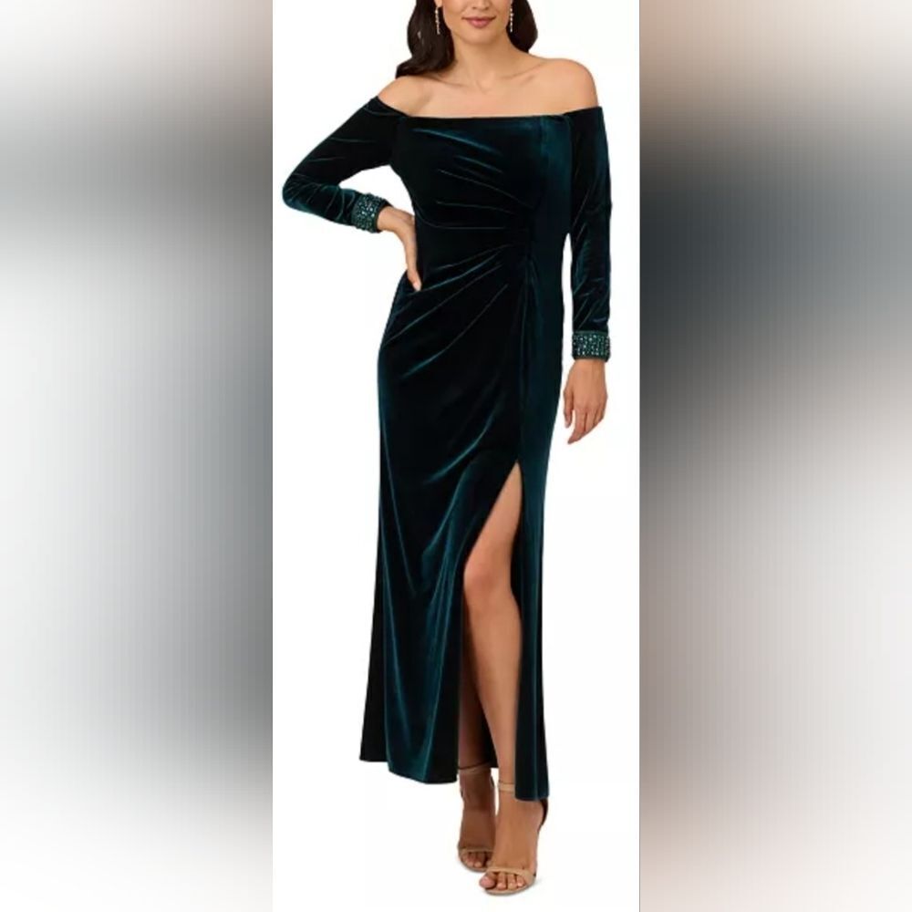 Adrianna Papell Velvet Off-The-Shoulder Beaded-Cuff Gown NWT size 8 Hunter Green